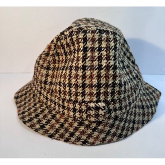 Vintage Kenmore Houndstooth Bucket Hat Sz 7 3/8 or 60 cm Scotland Tweed Leather - Picture 1 of 8